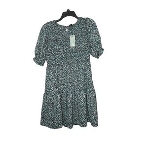 Wild Fable Puff Sleeve Prairie Smocked Ruffle Hem Ditzy Floral Dress New Size M